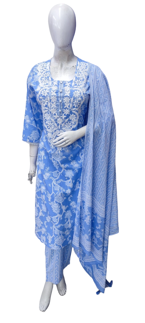 Beautiful powder blue chikankari suit set paired with mul cotton dupatta