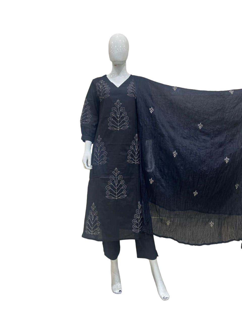 Premium pure cotton embroidered suit set paired with Mul cotton embroidery dupatta in black