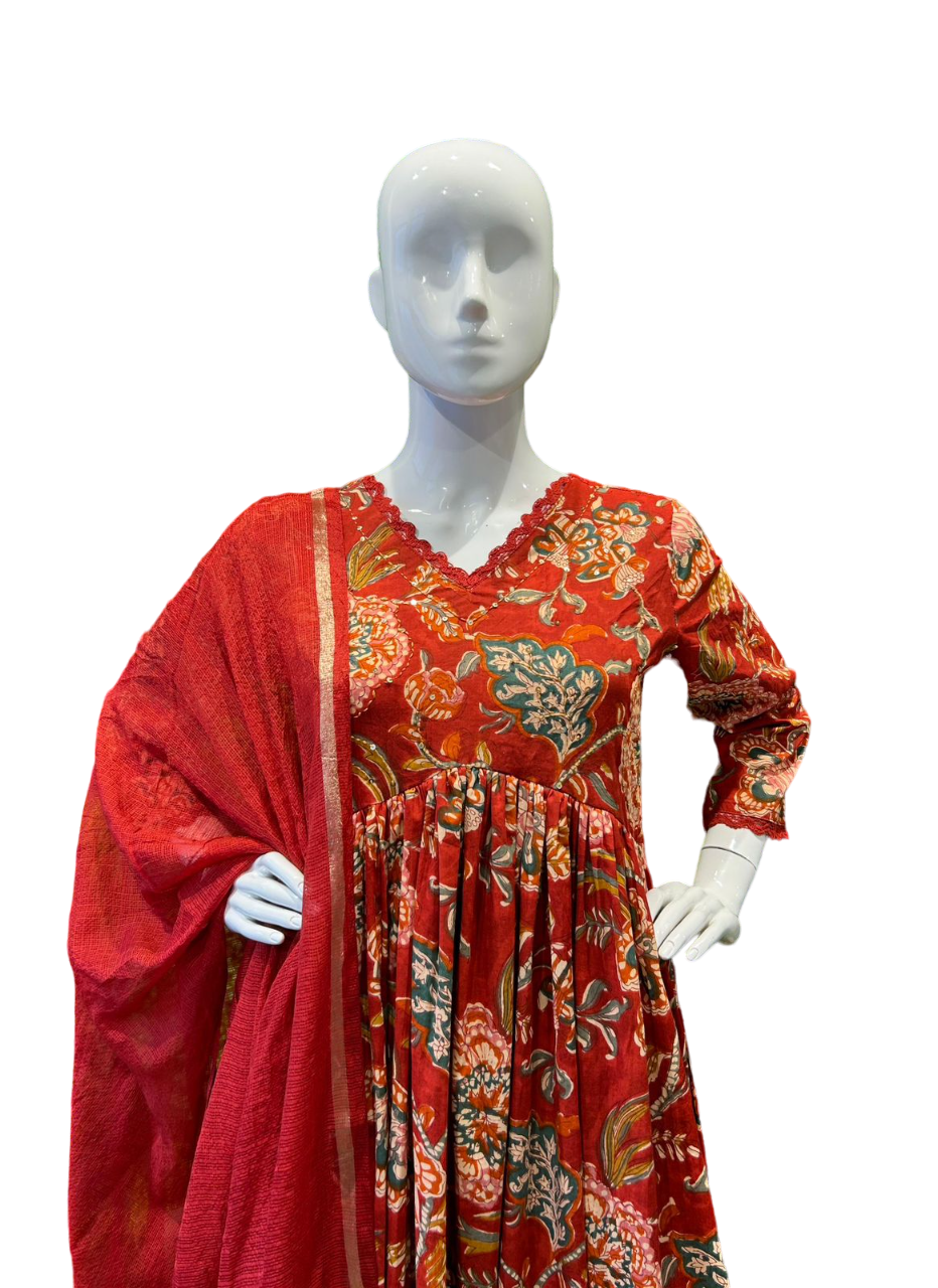 Premium cotton alia cut suit set paired with Kota Doria dupatta n cushion tussels