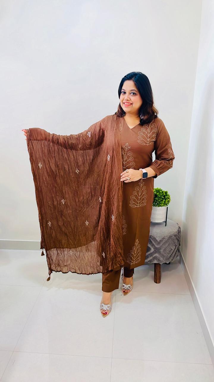 Premium pure cotton embroidered suit set paired with Mul cotton embroidery dupatta in brown