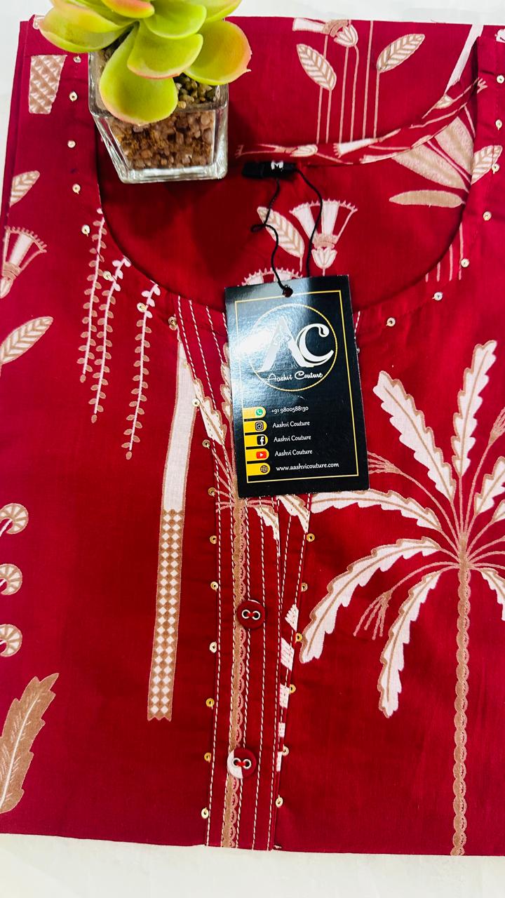 Red pure cotton kurta for casual wear