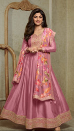 Soft shimmer tissue gown paired with floral dupatta in pink