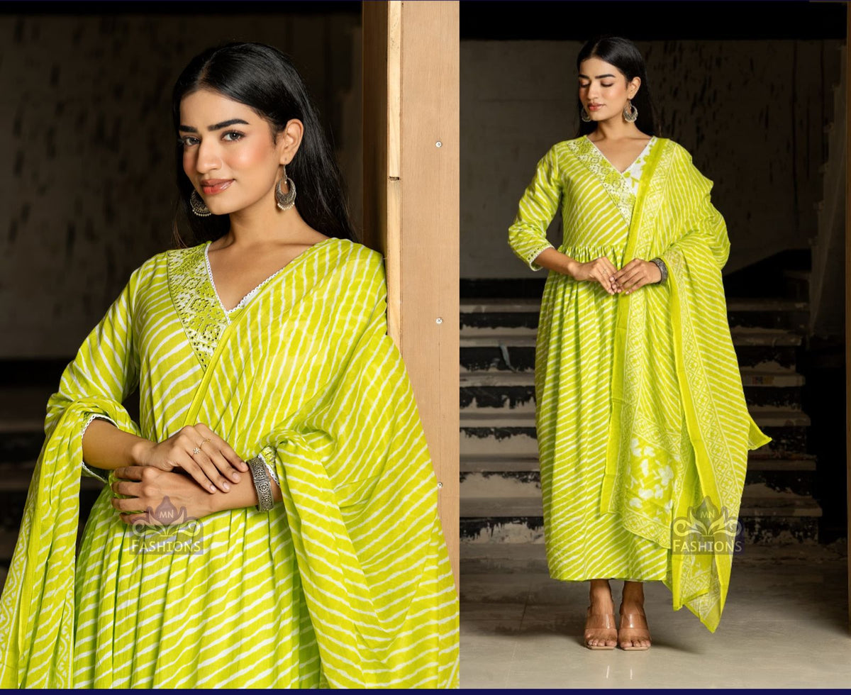 Pretty pretty cotton angrakha lehariya suit paired with floral pant