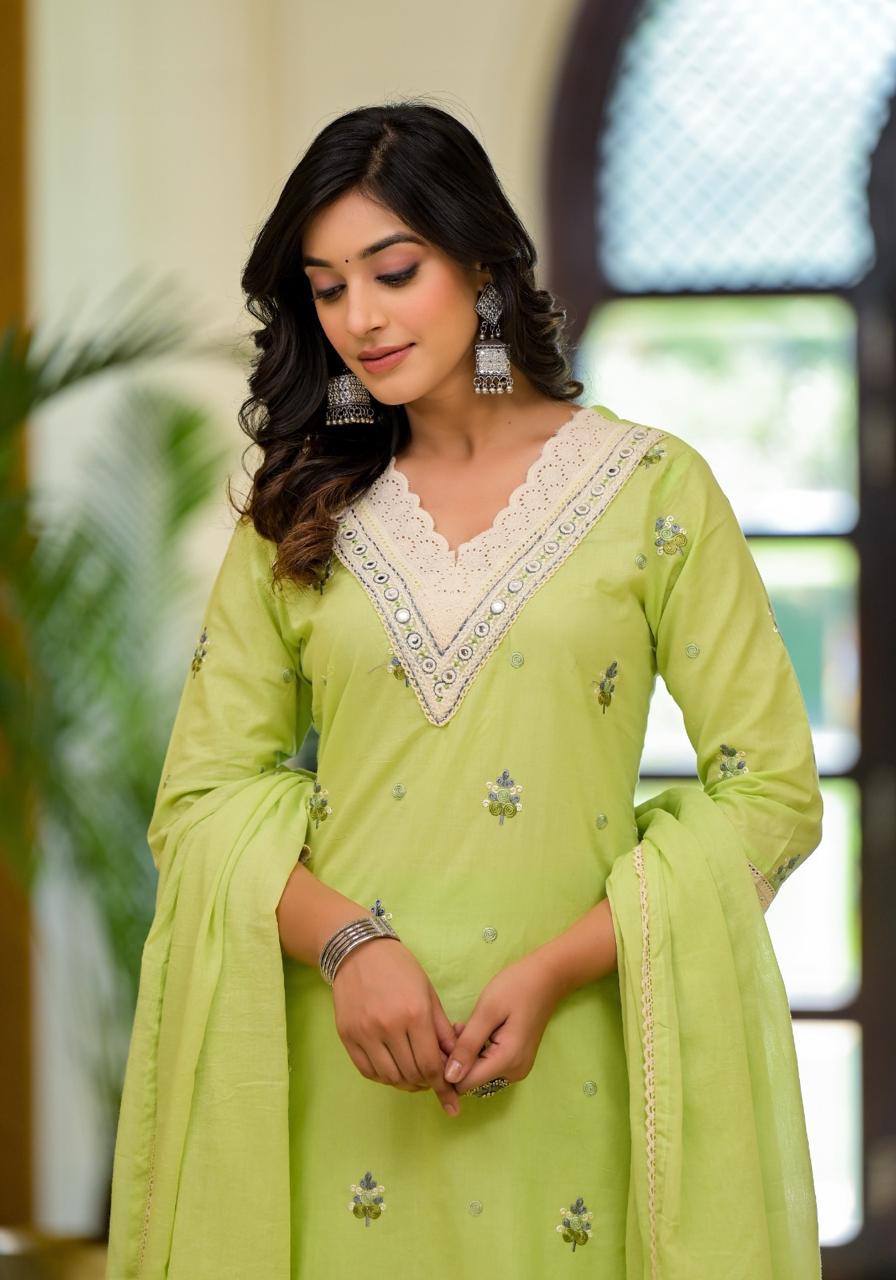 Gorgeous V neck cotton fully embroidered suit set