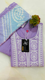 Beautiful muslin embroidered suit with pretty multicoloured bandhani dupatta