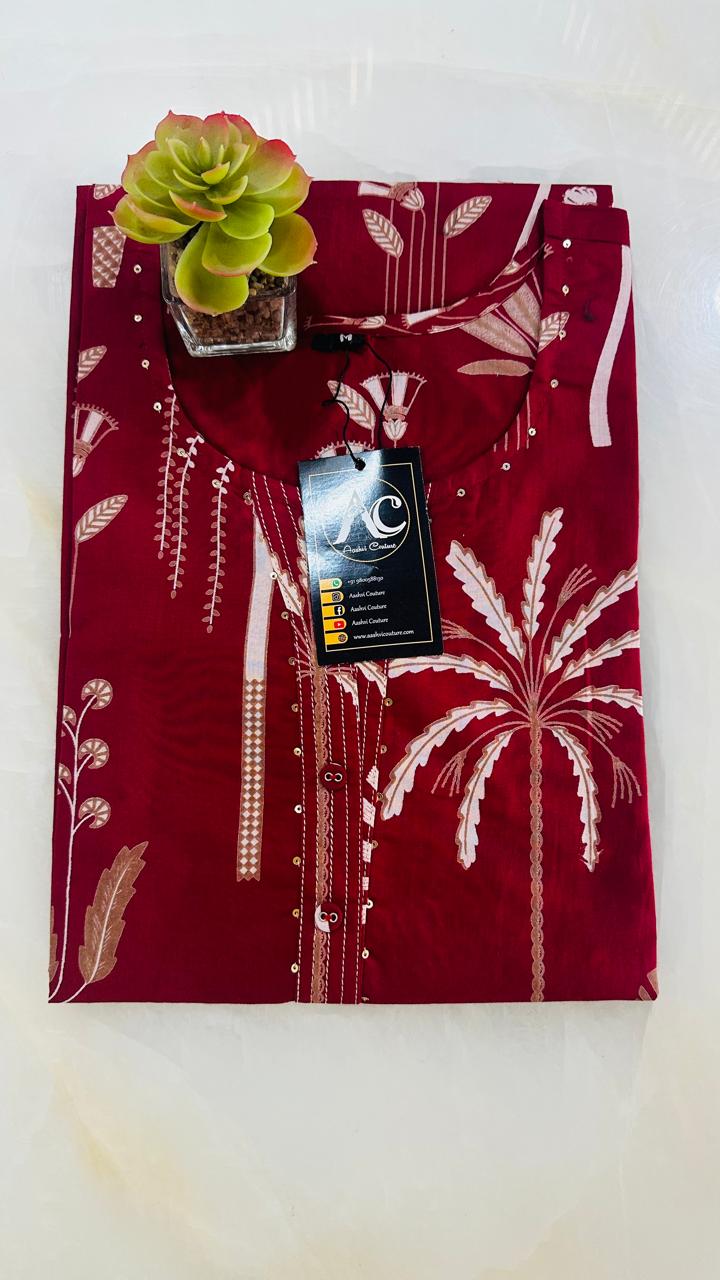 Red pure cotton kurta for casual wear