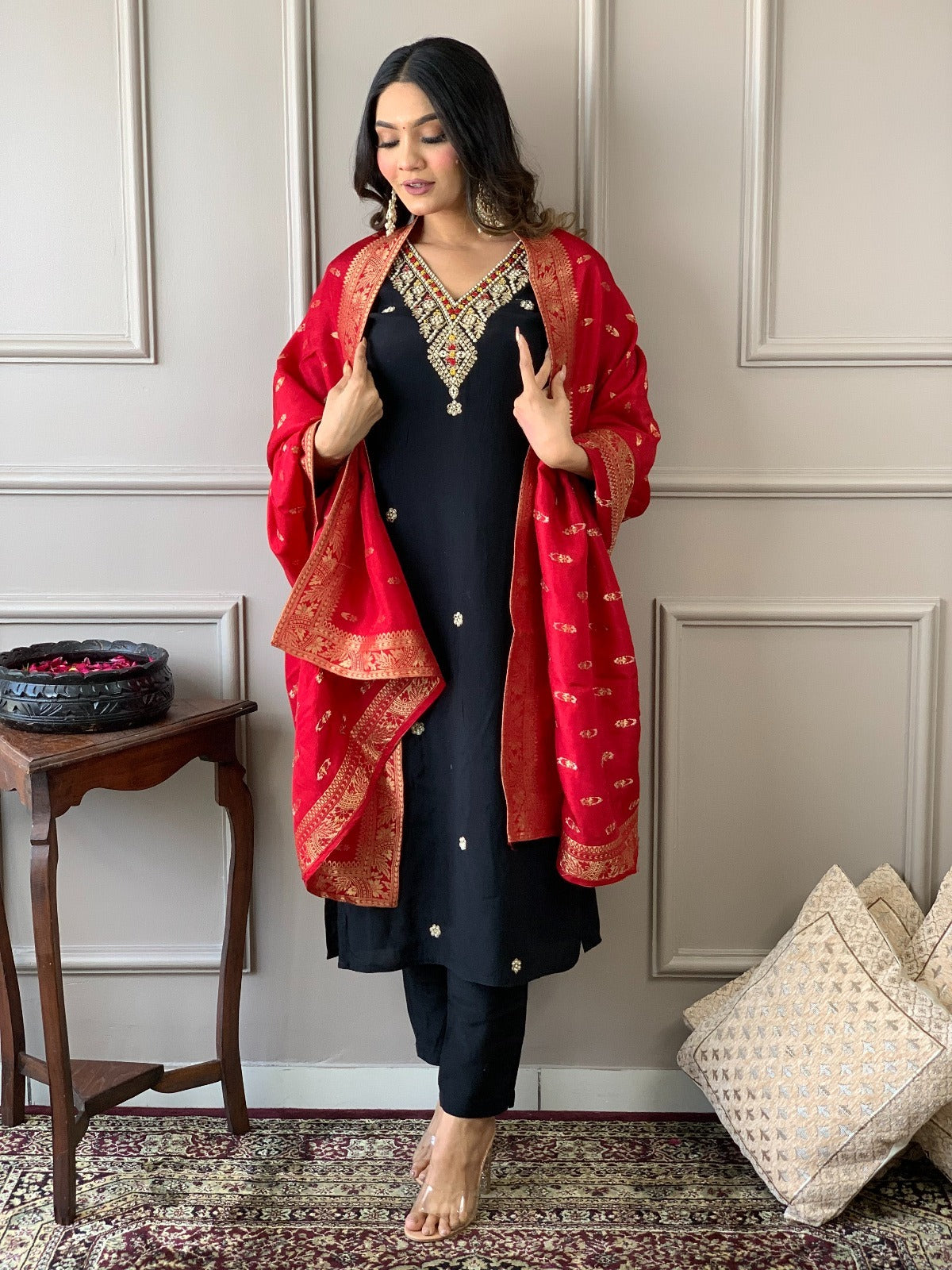 Lending silk suit with beautiful hand work paired Banarasi dupatta