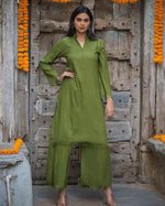 Beautiful cotton co ord set with fringes detailing in kurtapaired with beautiful culottes in green