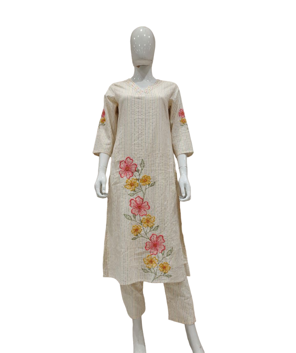 Premium cotton kurta pant with appliqué work n fully katha stitch all over the piece