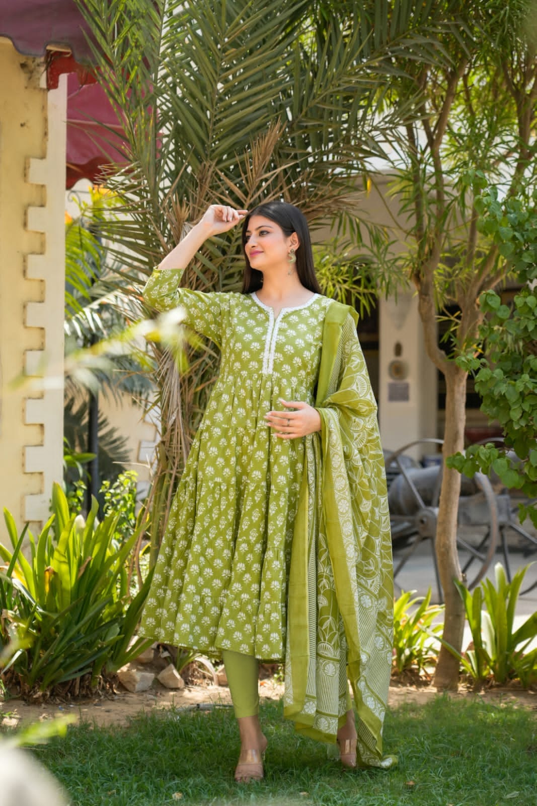 Gorgeous cotton Anarkali with pretty lace detailing at yoke