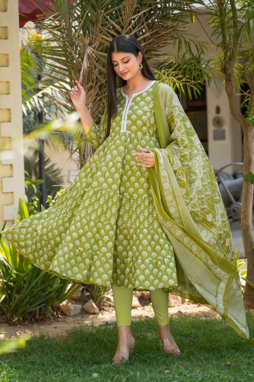 Gorgeous cotton Anarkali with pretty lace detailing at yoke