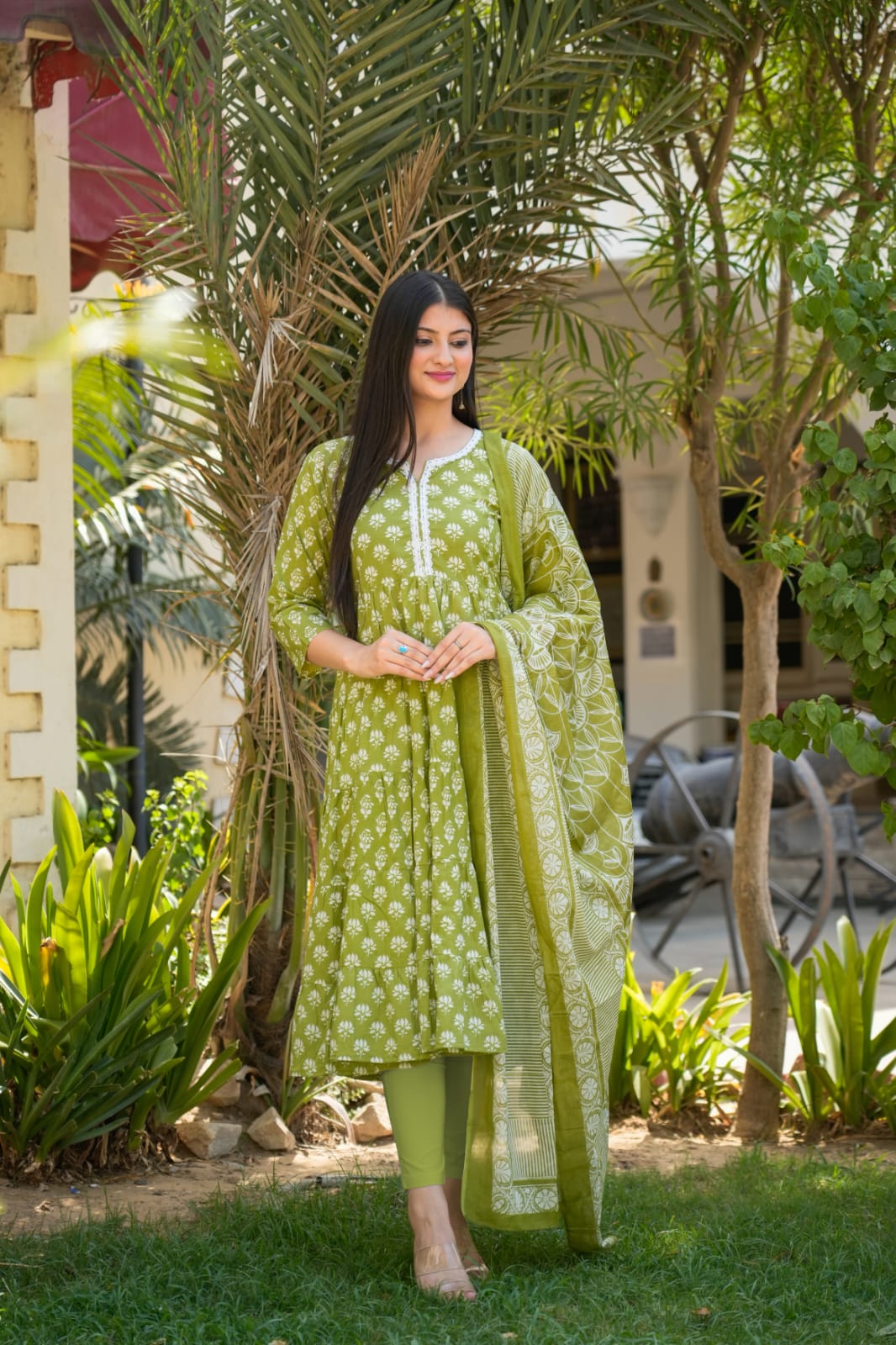 Gorgeous cotton Anarkali with pretty lace detailing at yoke