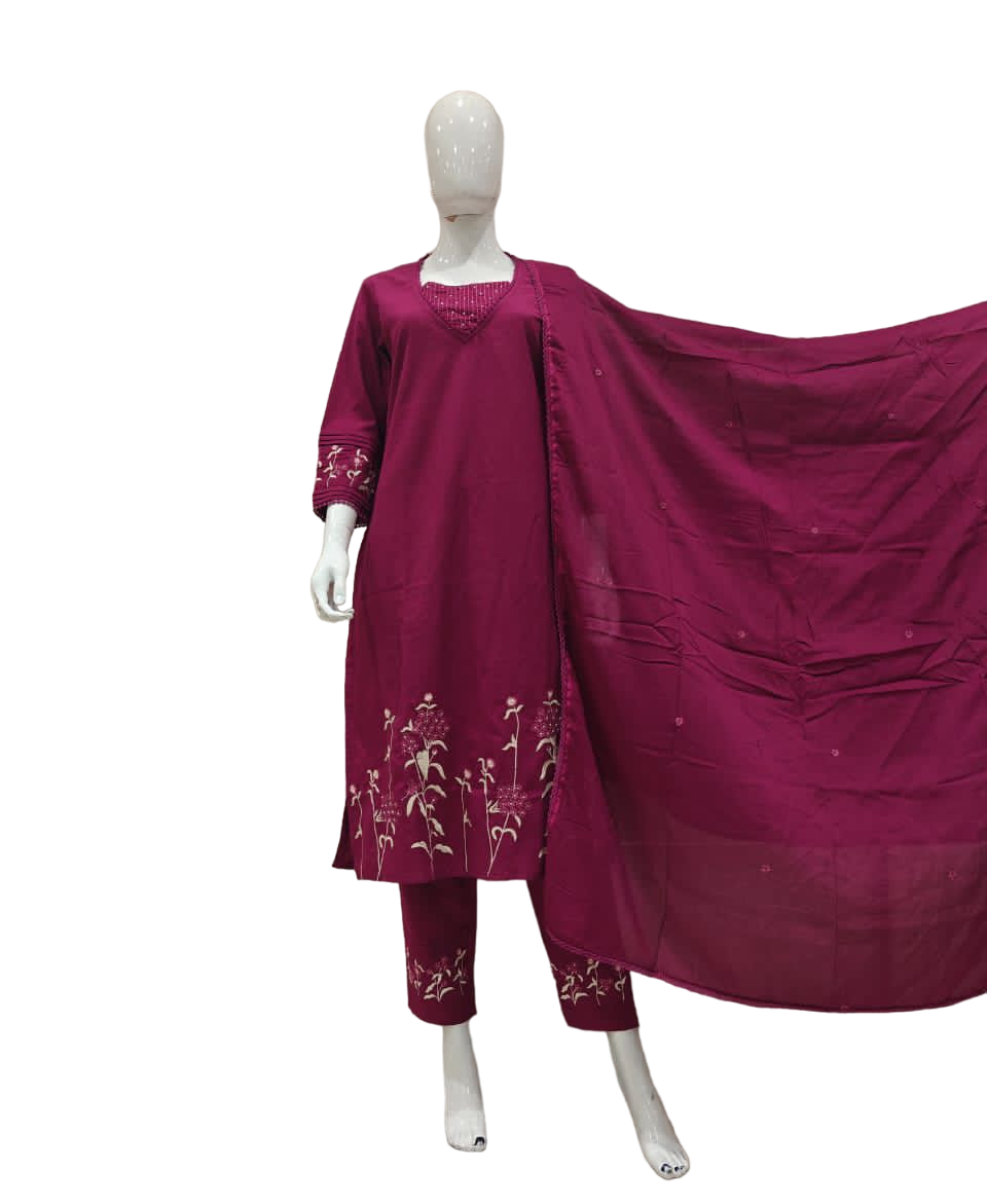 Gorgeous fully embroidered cotton suit set paired with mul cotton dupatta