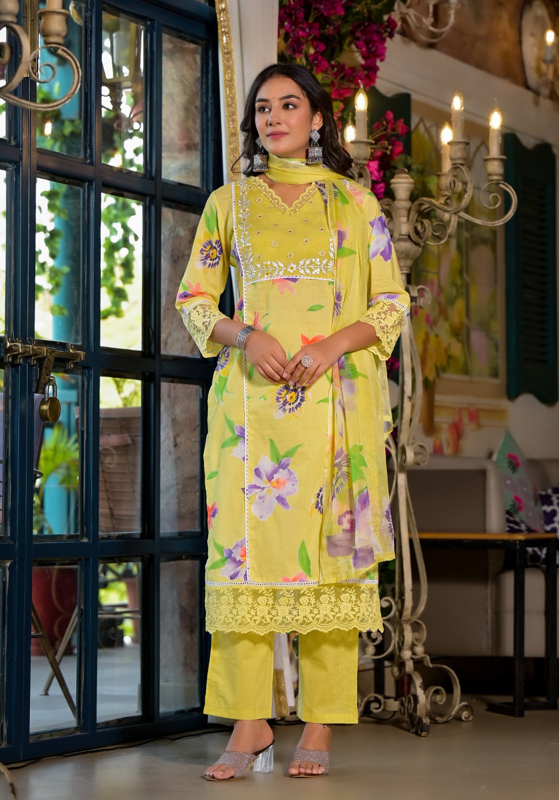 Gorgeous yellow cotton suit paired with organza dupatta