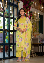 Gorgeous yellow cotton suit paired with organza dupatta