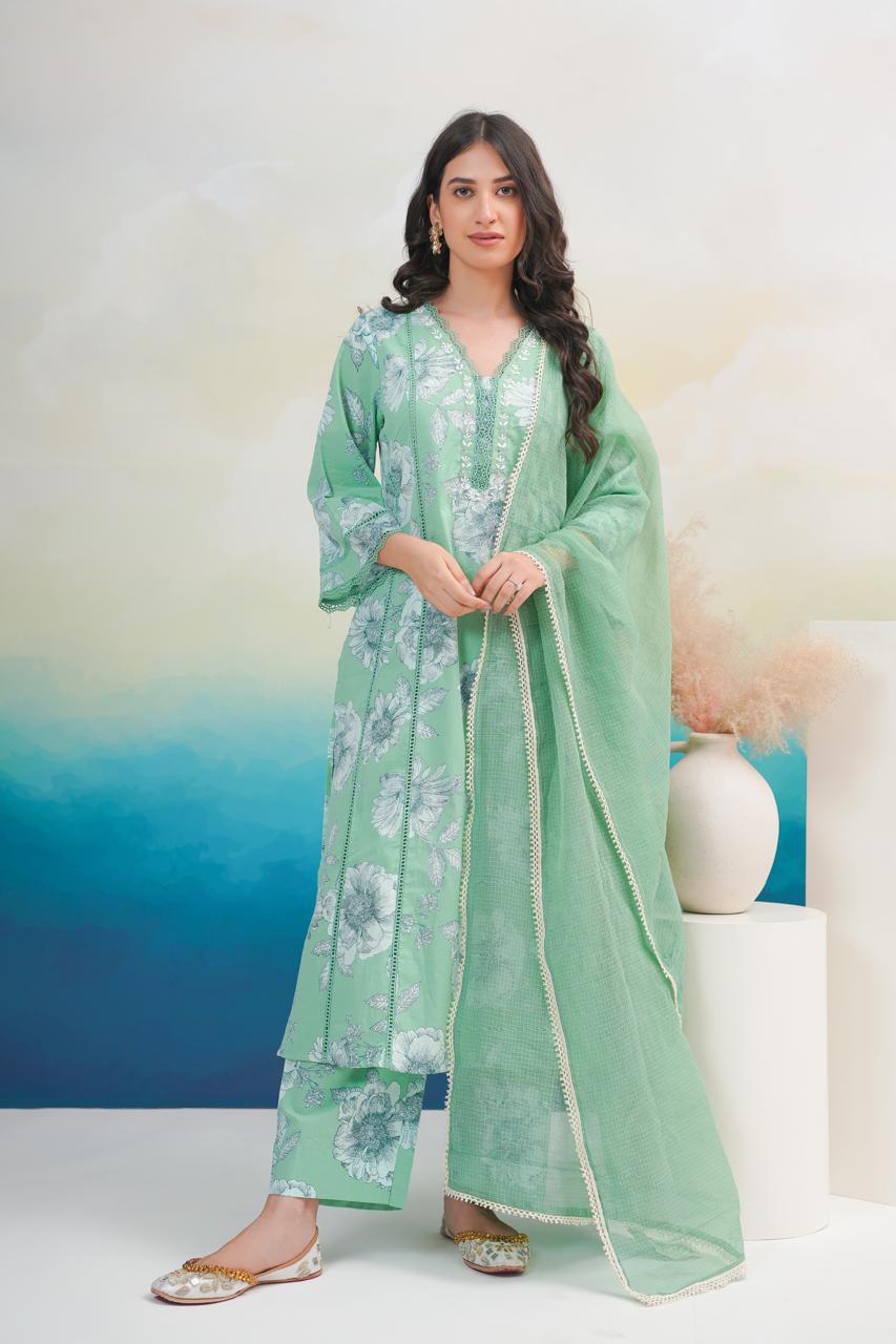 Beautiful premium cotton digital printed suit with lace detailing all over