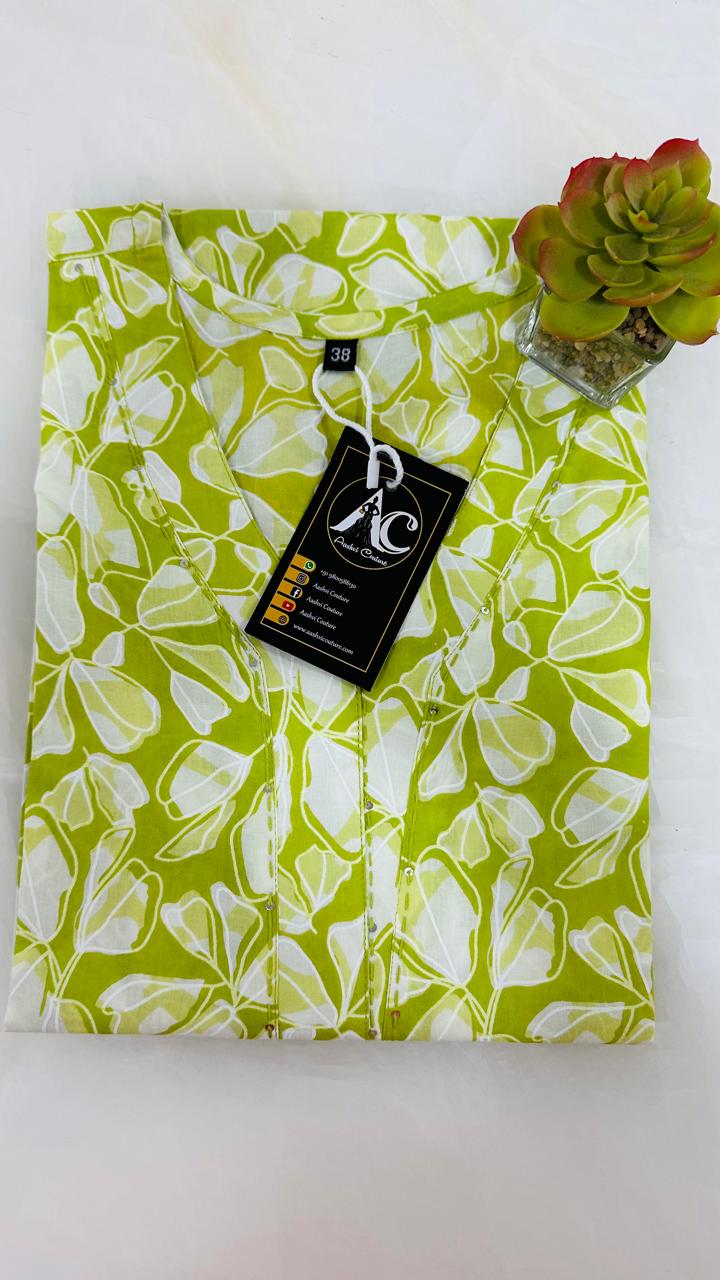 Pretty floral V neck green cotton kurta