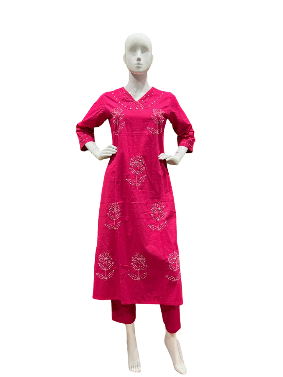 Premium cotton V neck kurta pant in stunning pink