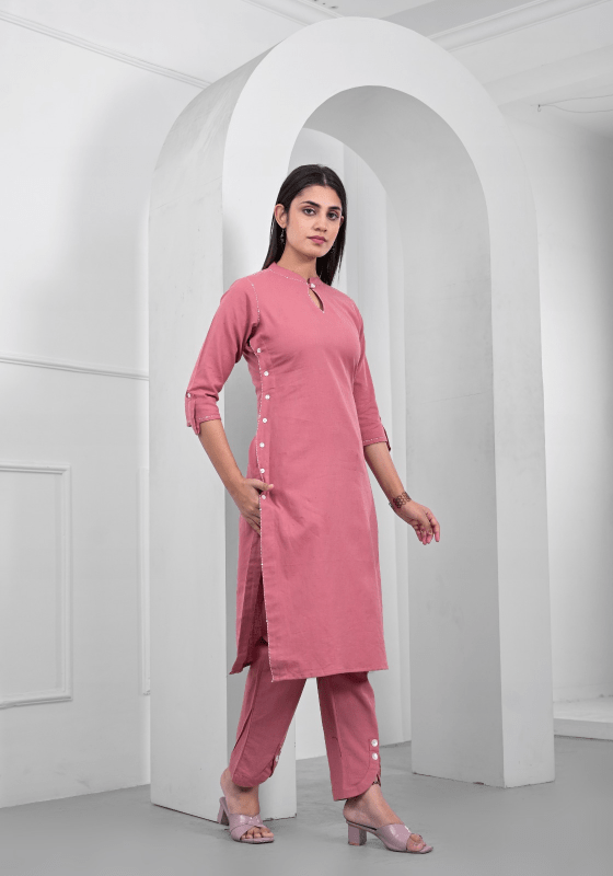 Flex cotton stylish kurta pant with button and katha stitch detailing