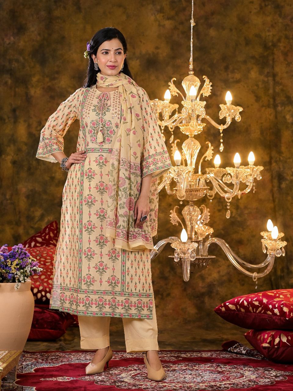 Beautiful suit set paired with mul cotton dupatta