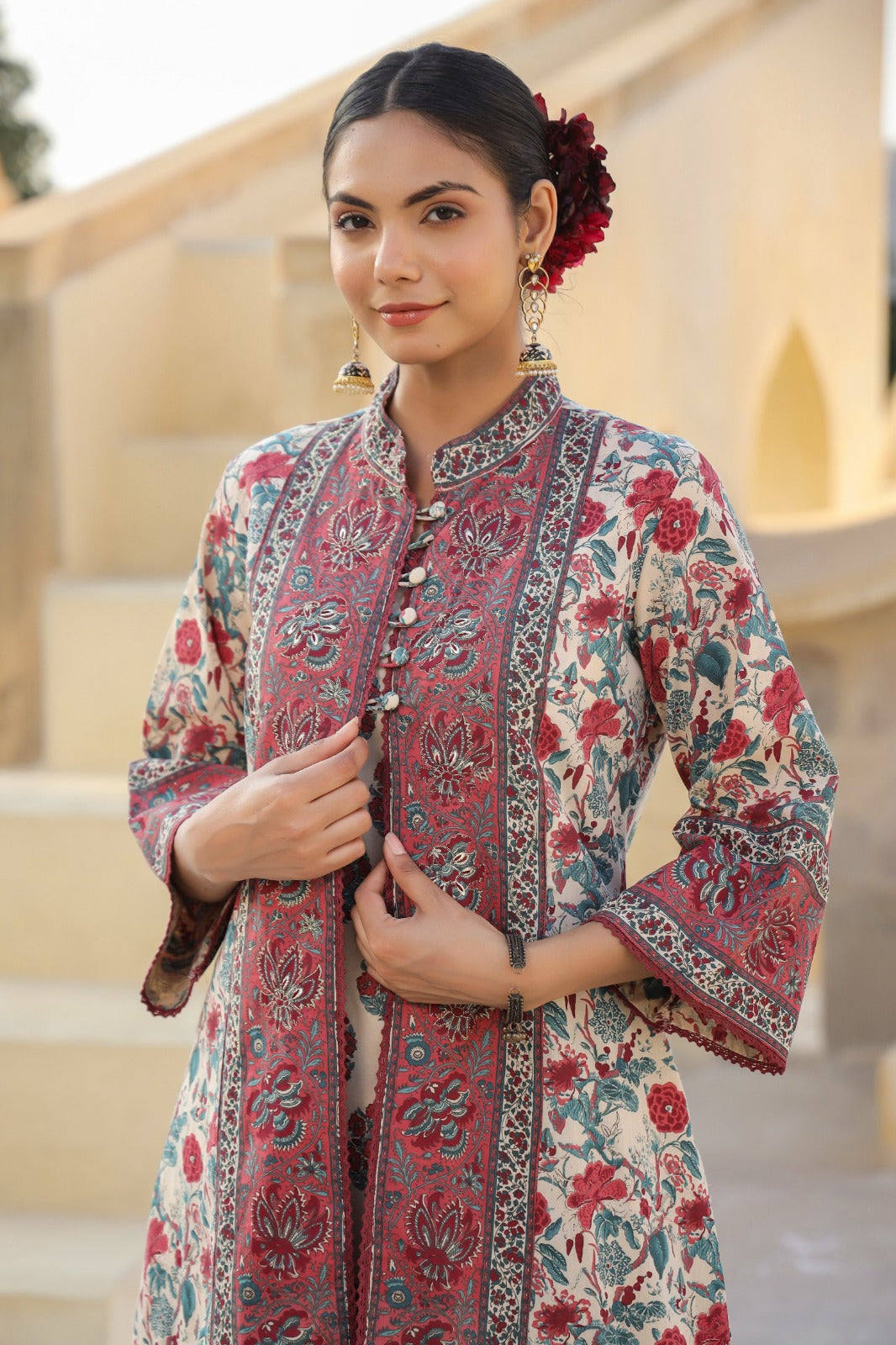 An elite Mughal print pure cotton jacket suit setPS: Doesn’t come with dupatta