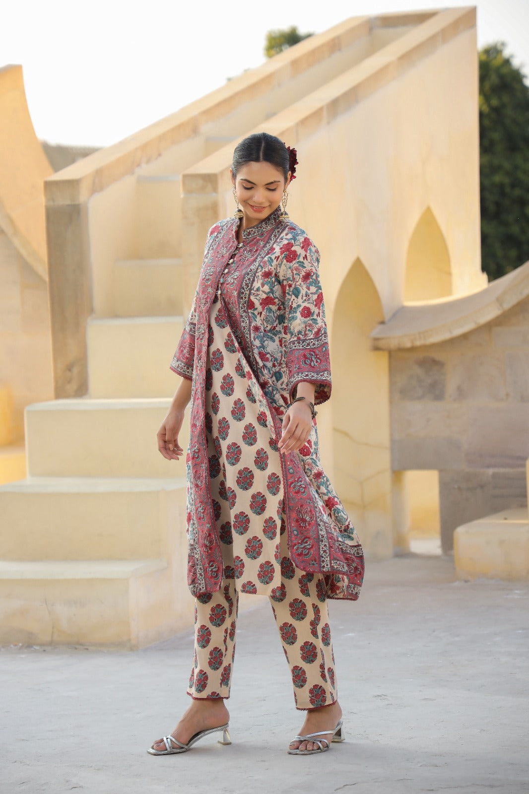 An elite Mughal print pure cotton jacket suit setPS: Doesn’t come with dupatta