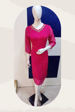 Georgette V Neck Hand Work Kurti With Cotton Lining In Rani Pink