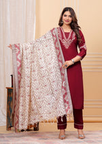 Heavy rayon embroidered suit set paired with silk dupatta