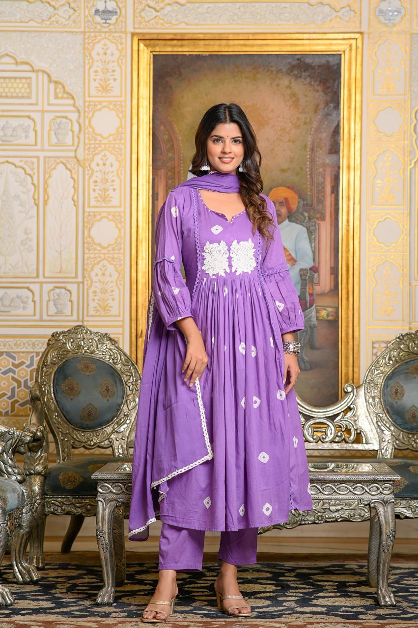 Beautiful mul cotton with lining bandhani suit set with superb pearl detailing