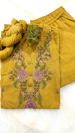 Pure cotton embroidered suit set with mul cotton crushed dupatta