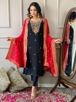 Lensing silk suit with beautiful hand work paired Banarasi dupatta