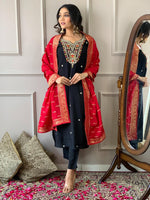 Lensing silk suit with beautiful hand work paired Banarasi dupatta