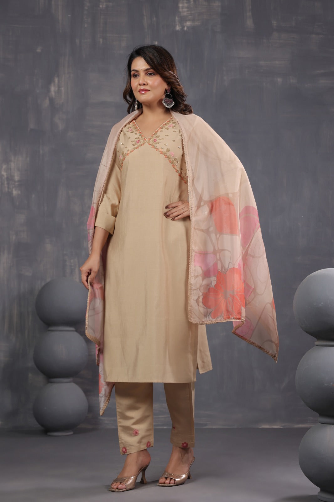 Muslin alia cut embroidery suit set paired with organza dupatta