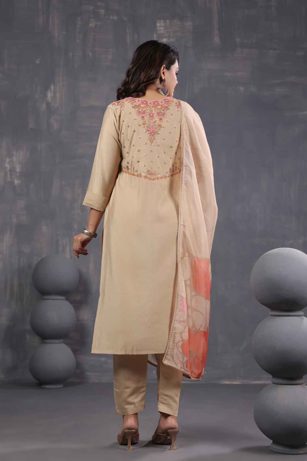 Muslin alia cut embroidery suit set paired with organza dupatta