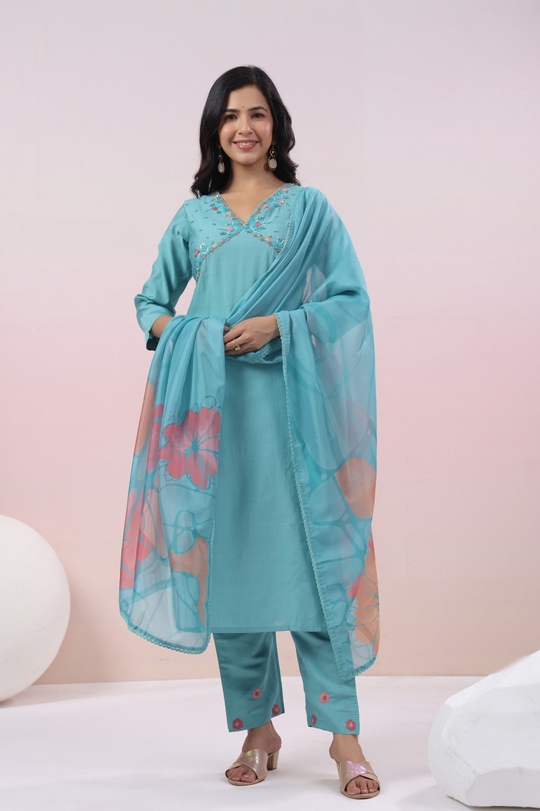 Muslin embroidery suit set paired with organza dupatta