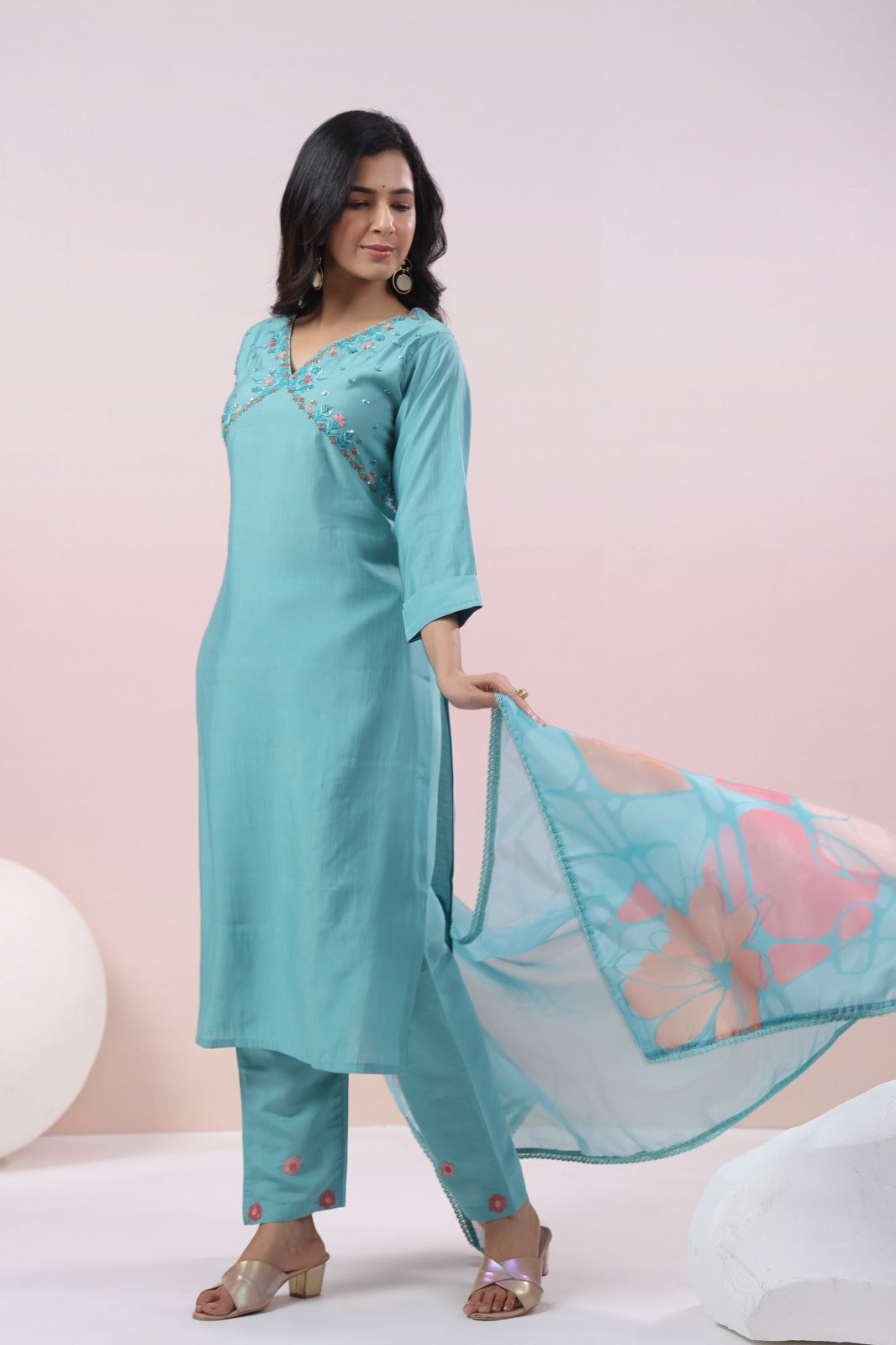 Muslin embroidery suit set paired with organza dupatta