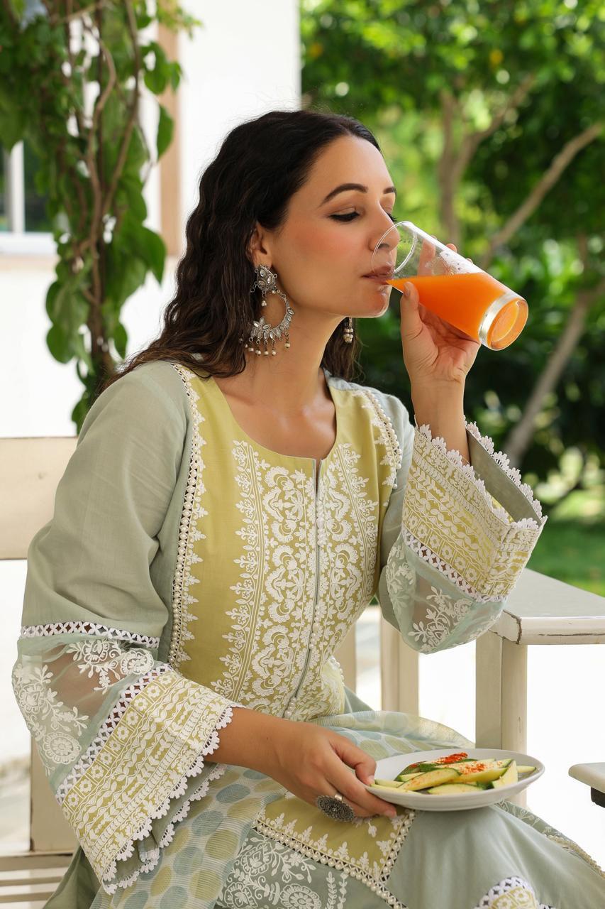 Gorgeous Cotton embroidered suit set with pretty Kota doria dupatta!