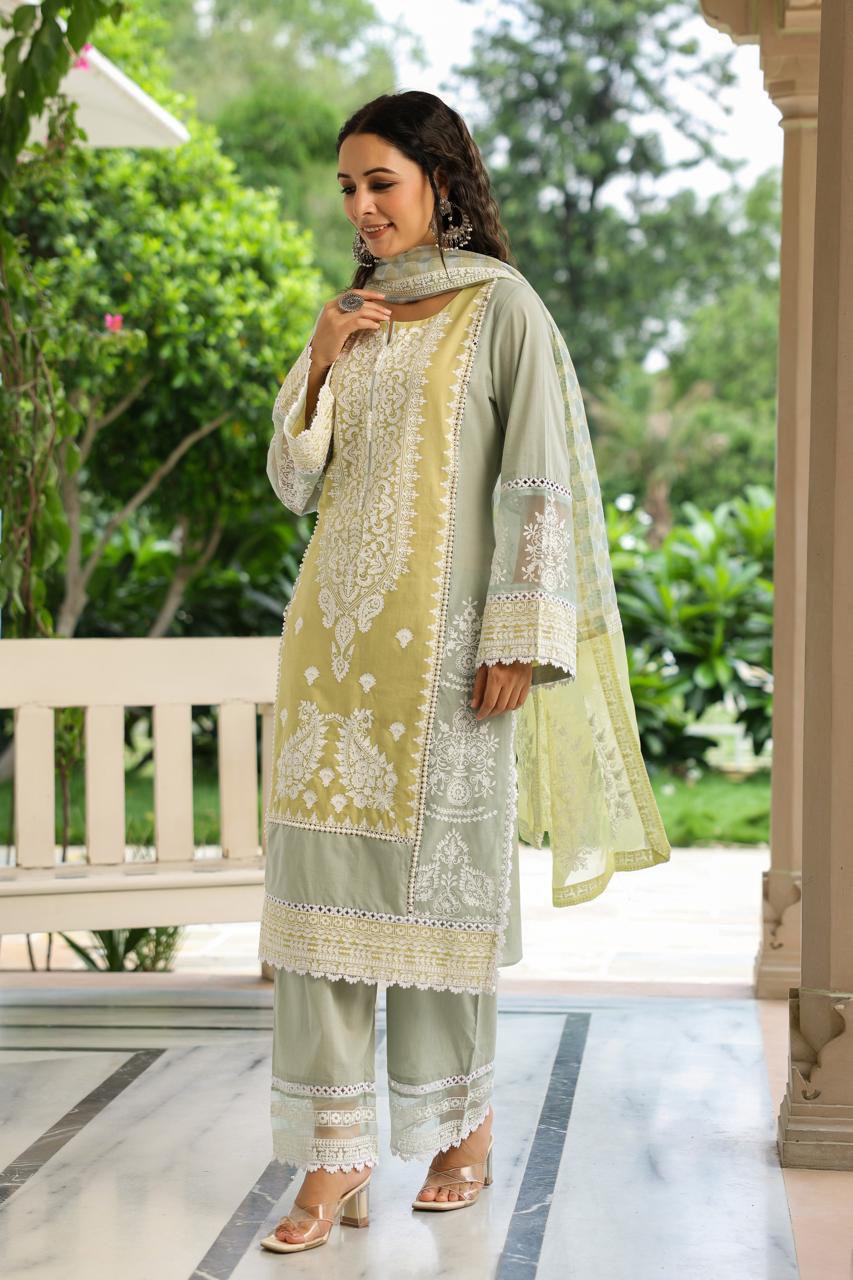 Gorgeous Cotton embroidered suit set with pretty Kota doria dupatta!