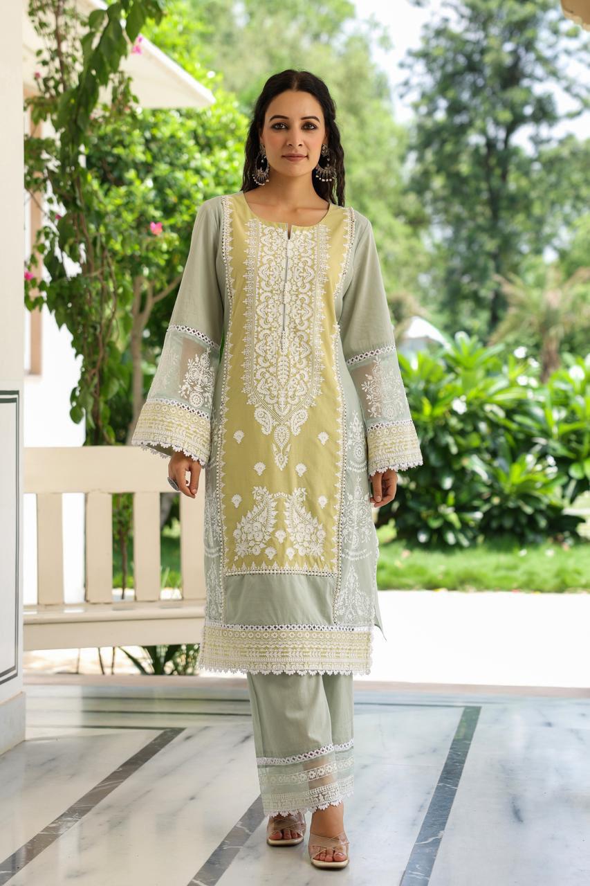 Gorgeous Cotton embroidered suit set with pretty Kota doria dupatta!