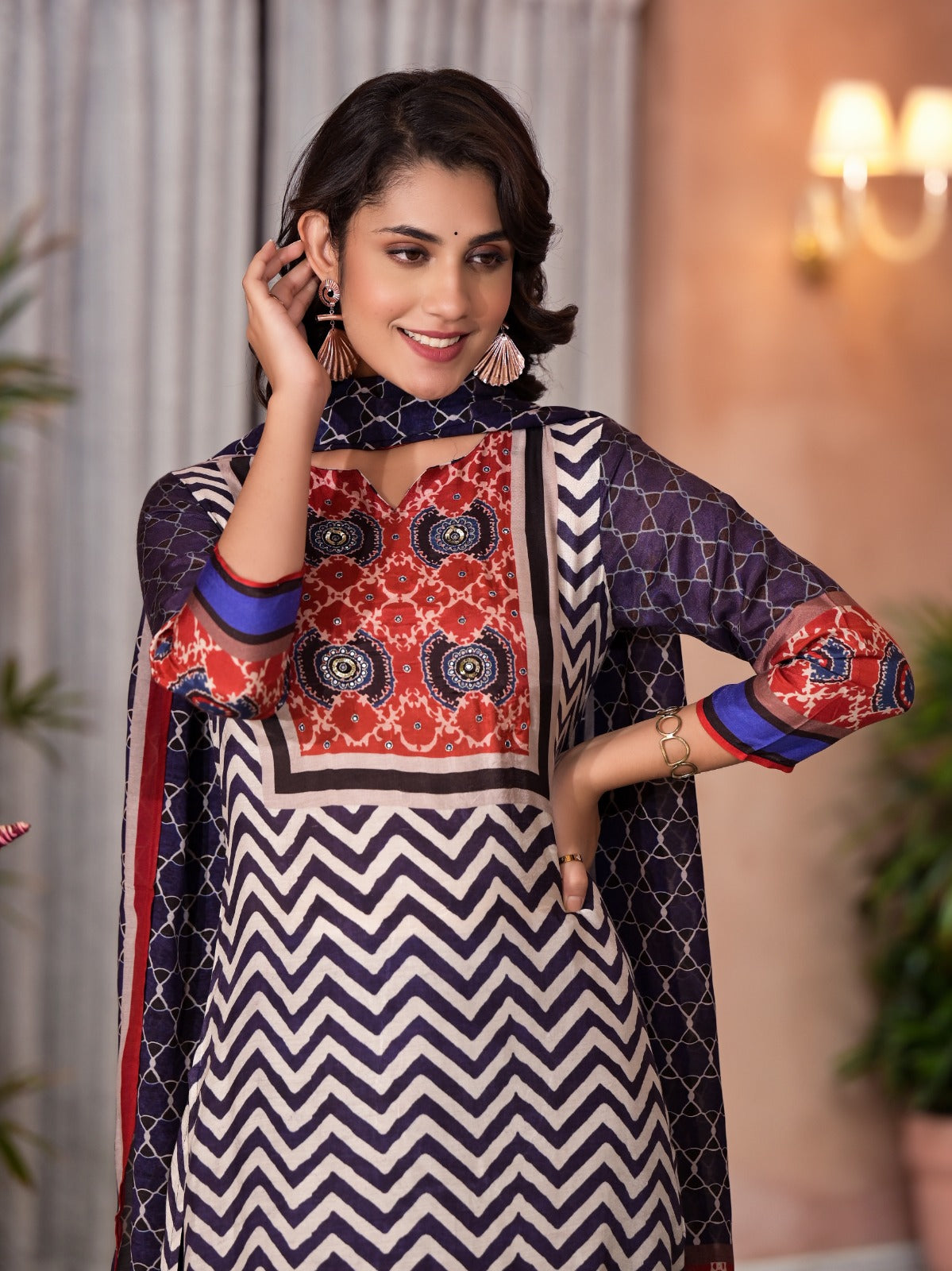 Pure muslin silk ajrakh suit set