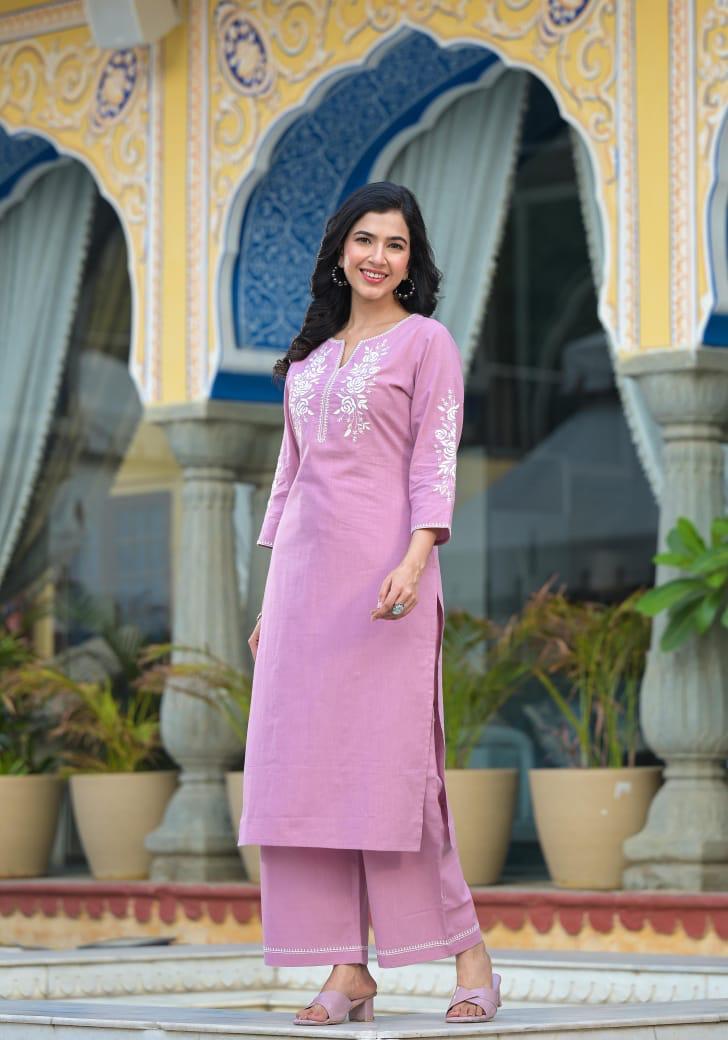 Premium cotton embroidered kurta pant in pink