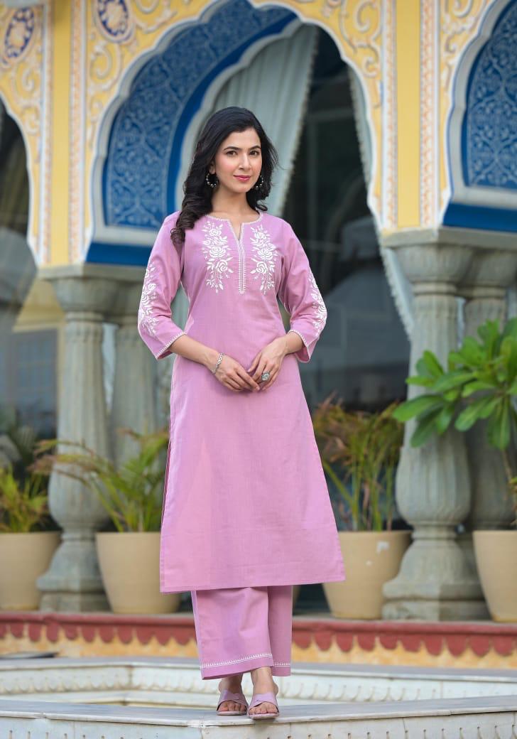 Premium cotton embroidered kurta pant in pink