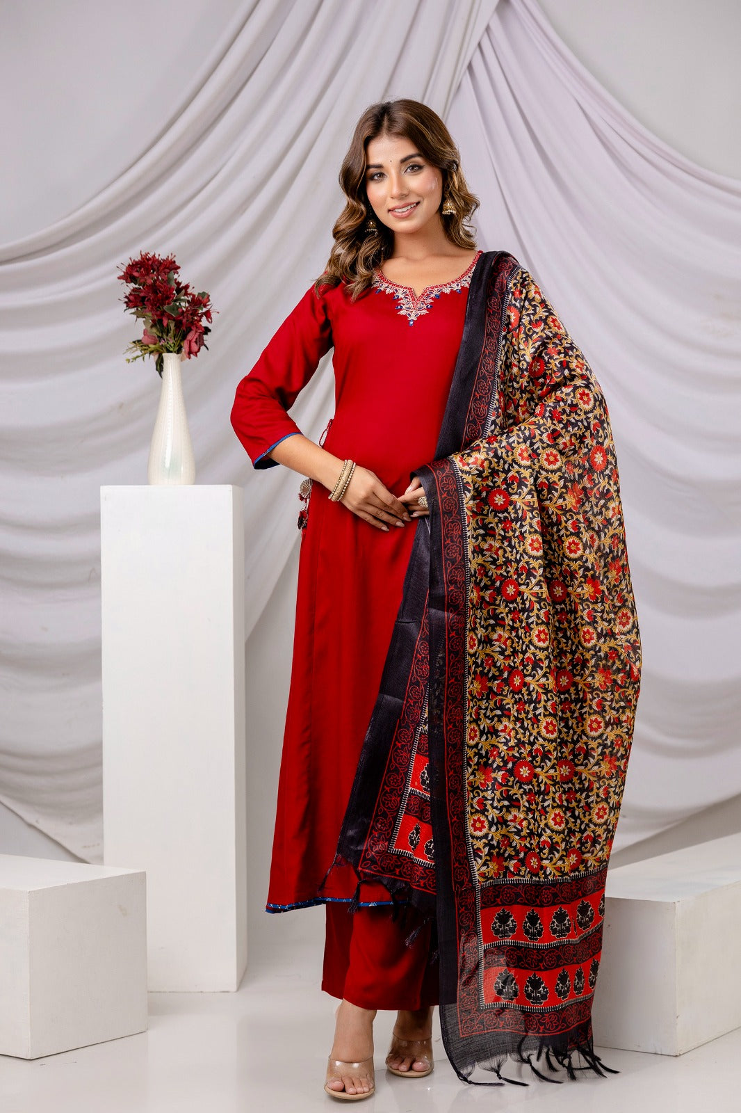 Heavy rayon suit set paired with kalamkari dupatta