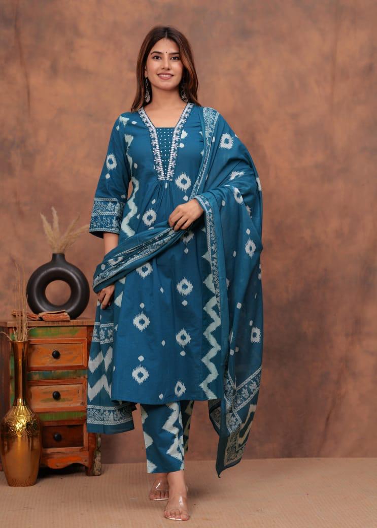 Beautiful V neck embroidered cotton suit set