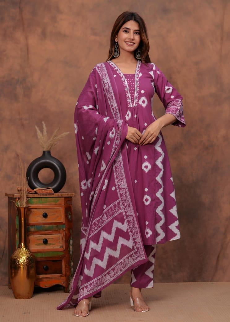 Beautiful V neck embroidered cotton suit set