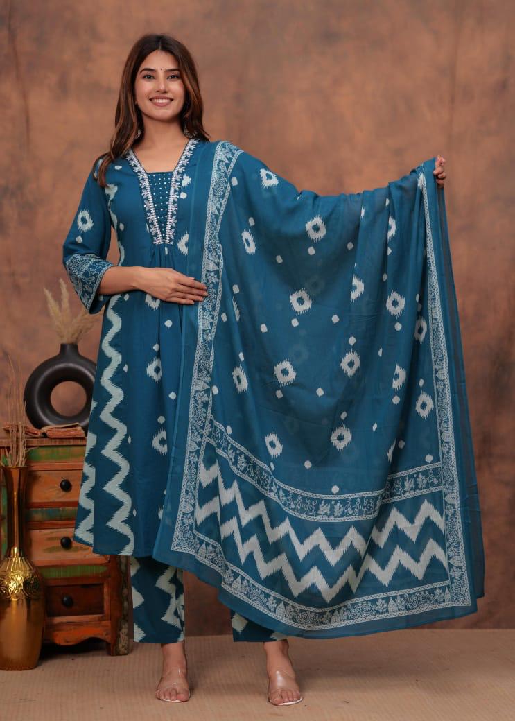 Beautiful V neck embroidered cotton suit set