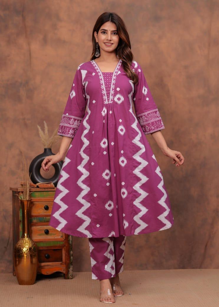 Beautiful V neck embroidered cotton suit set