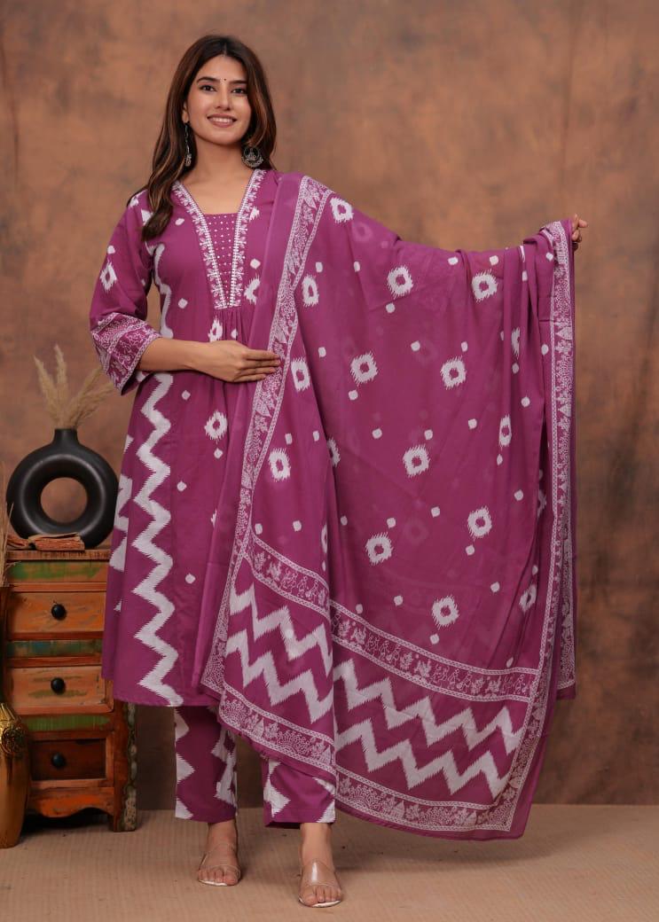 Beautiful V neck embroidered cotton suit set