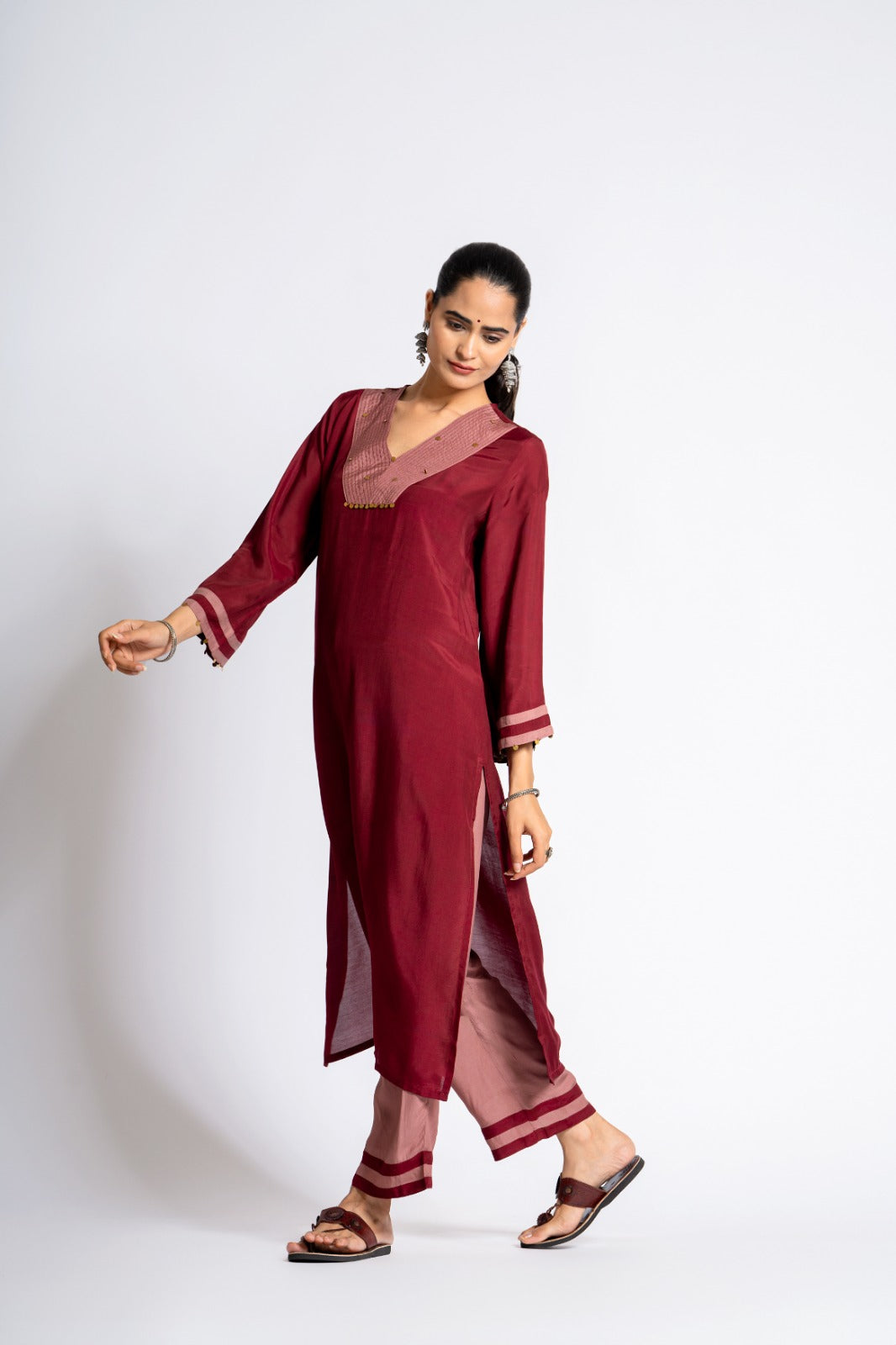 V neck pure muslin silk kurta pant