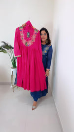 Mul cotton Anarkali suit set with half lining with zari detailing in Pink